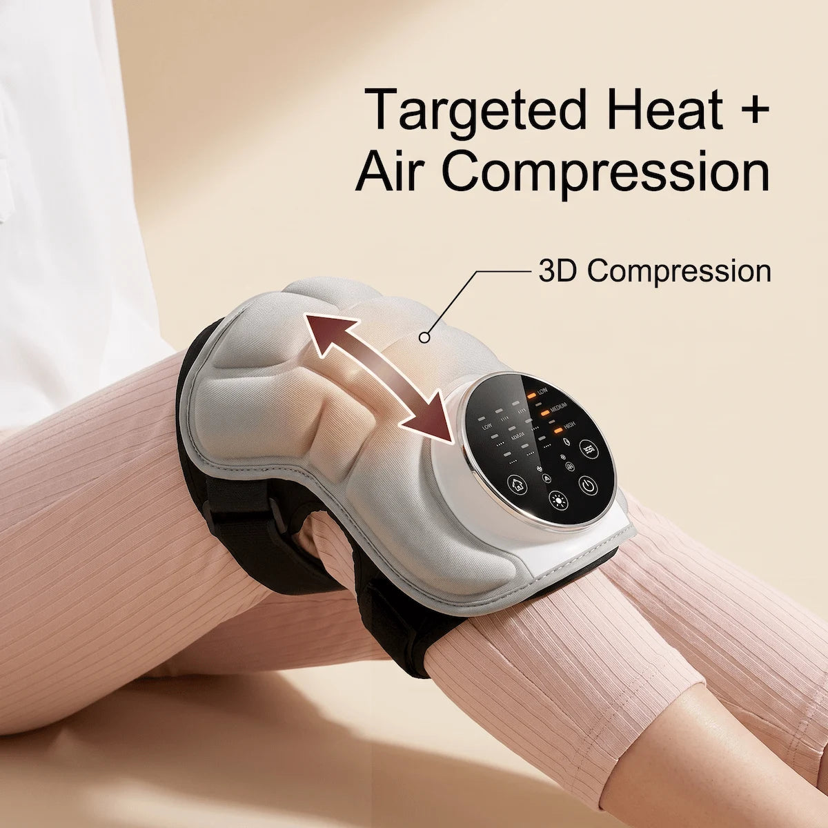 Close-up of the Elevaure knee massager displaying level 3 on its screen, combining deep heat therapy and 3D air compression.