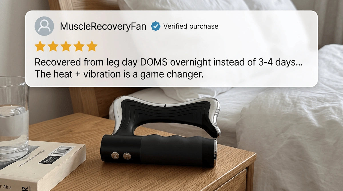 Customer review praising the Elevaure electric muscle scraper for overnight leg day recovery.