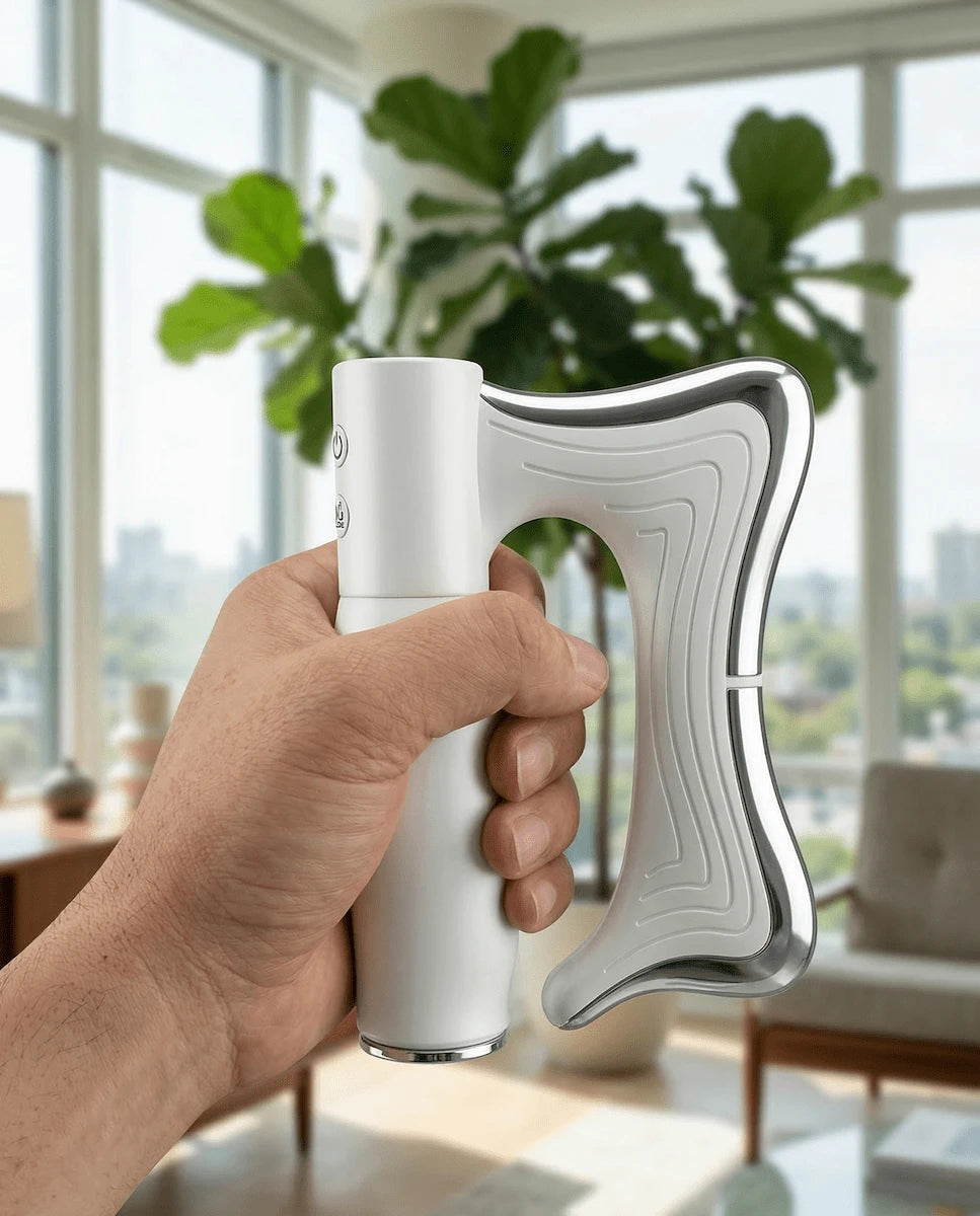Elevaure IASTM electric muscle scraper standing on coffee table lifestyle shot
