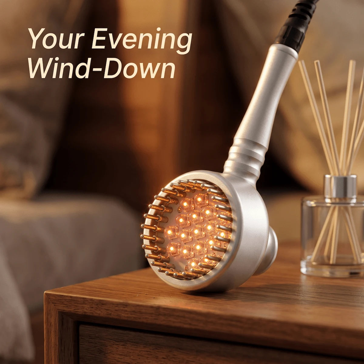 Elevaure LED photon therapy and BIO microcurrent handle on bedside nightstand in evening spa setting for daily skin rejuvenation routine.