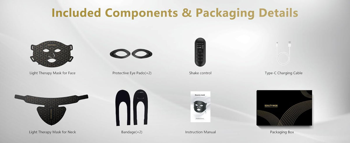 ELEVAURE LED mask packaging details and included accessories: face and neck mask, controller, protective eye pads, Type-C cable, and straps.