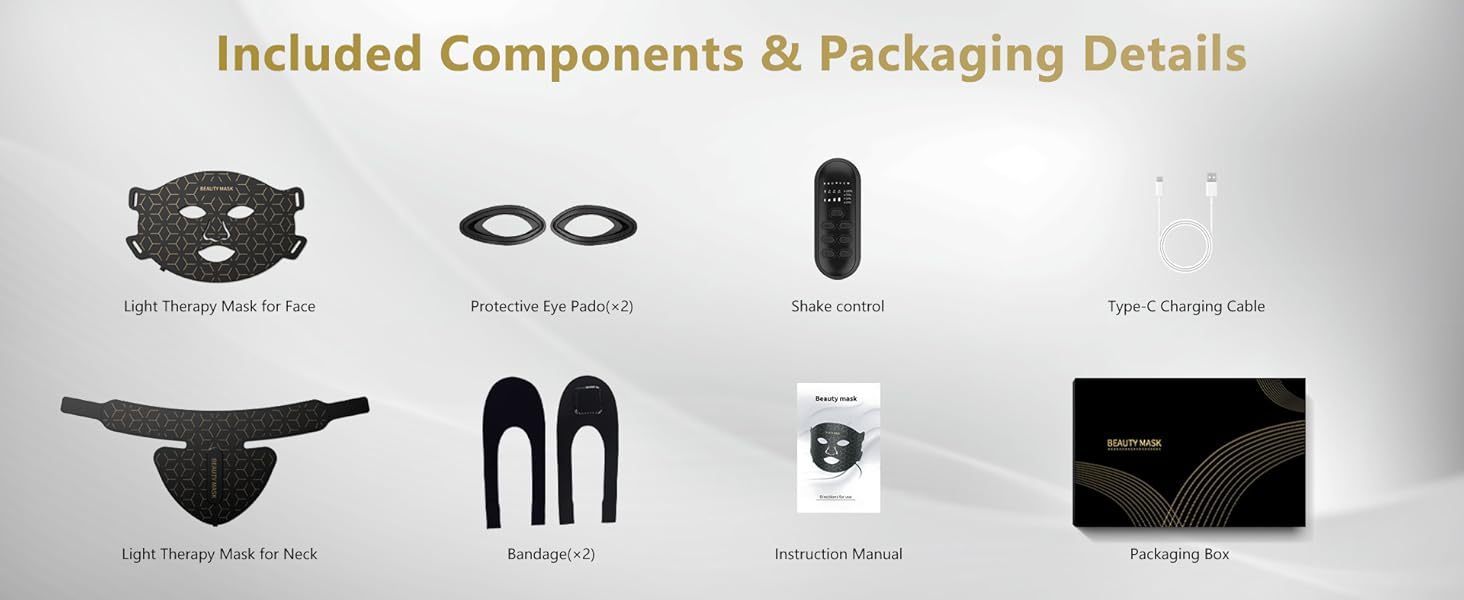 ELEVAURE LED mask packaging details and included accessories: face and neck mask, controller, protective eye pads, Type-C cable, and straps.