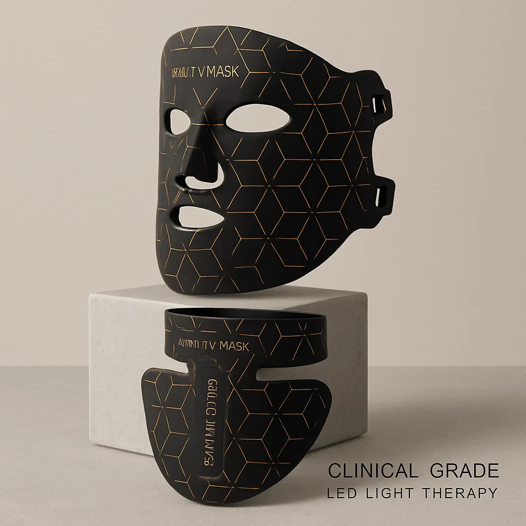 Flat lay of the complete Elevaure 7-color silicone LED mask system including face mask, neck attachment, and controller.