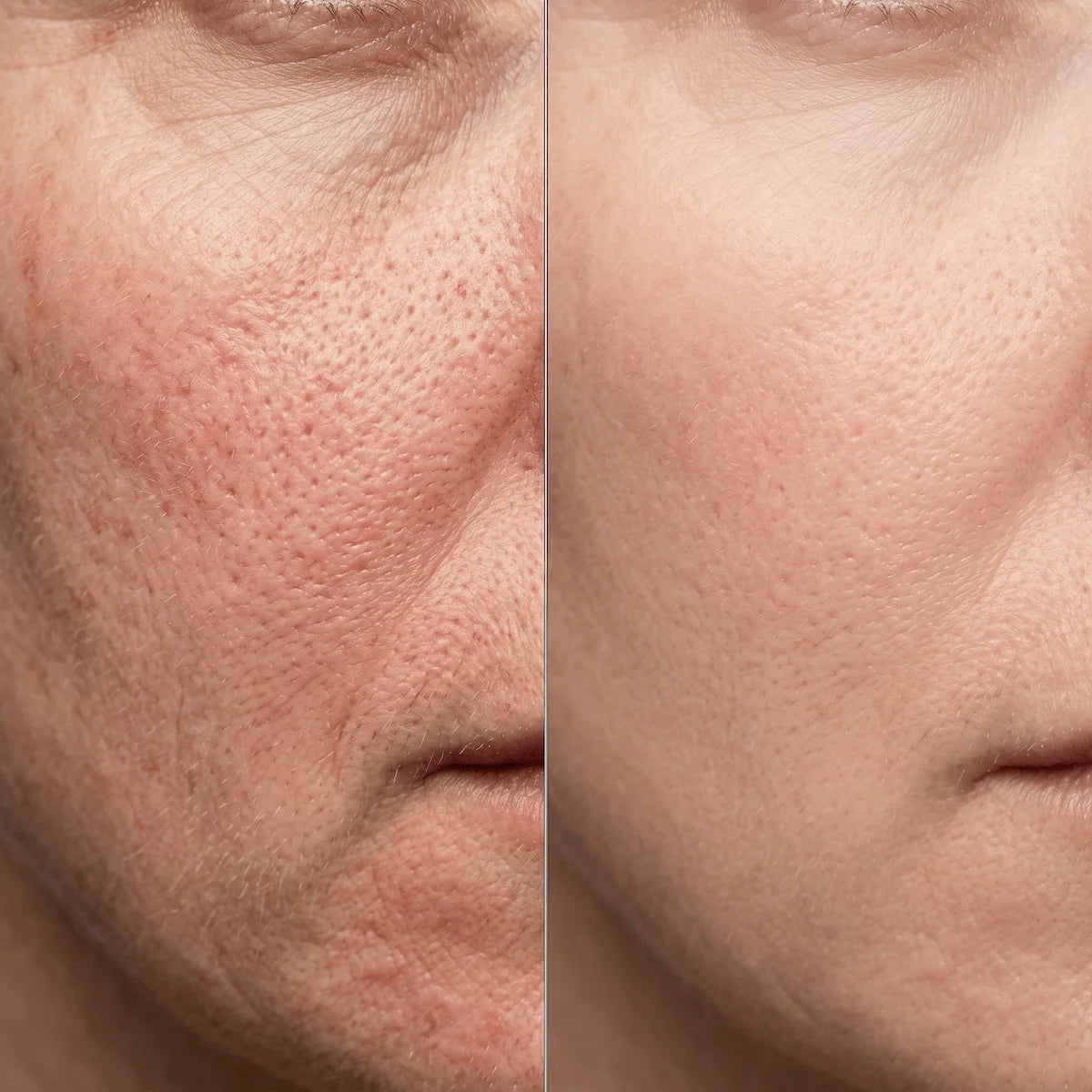 A macro split-screen showing real, textured skin with redness on one side, and the same skin being treated by Elevaure's red light therapy.