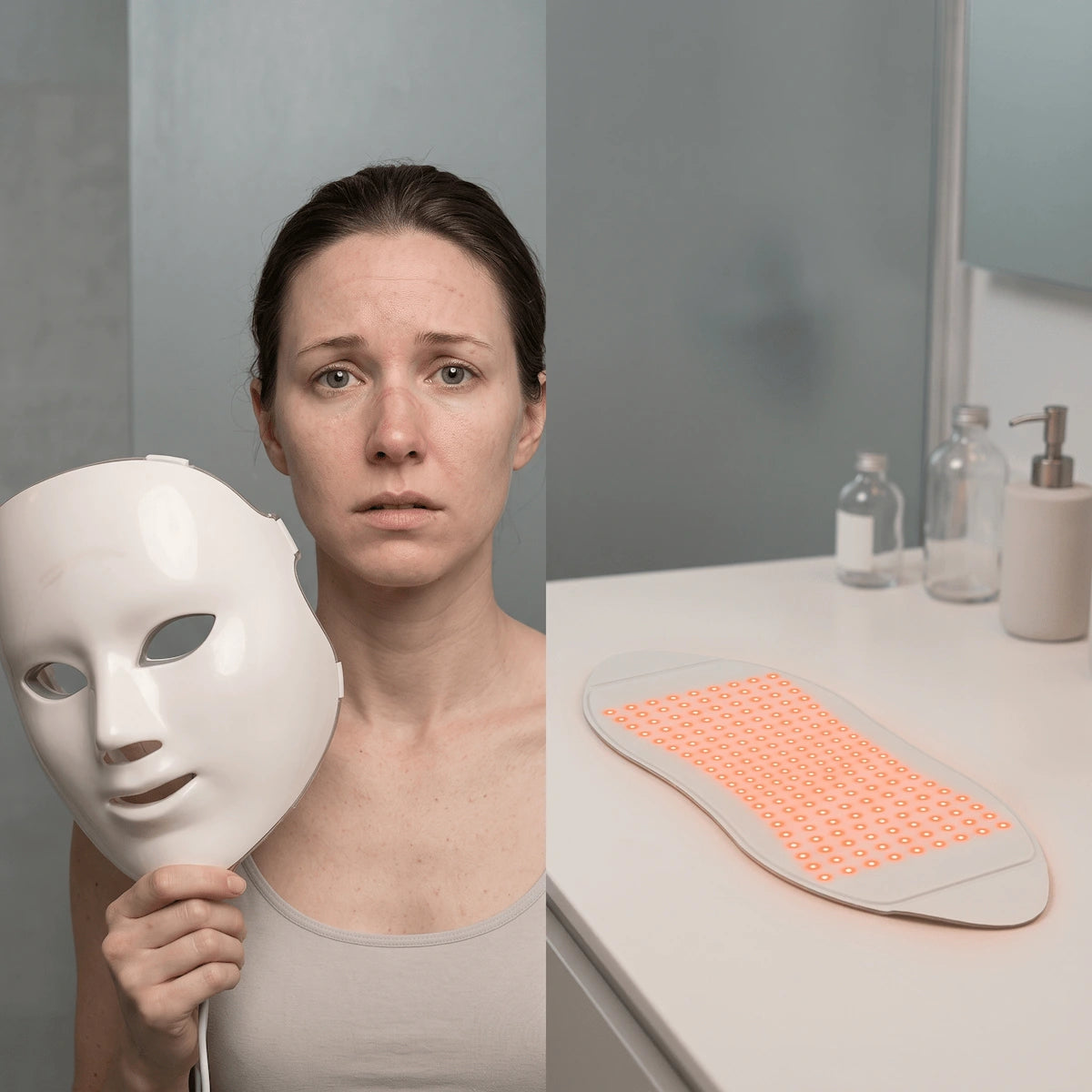 Woman contrasting rigid uncomfortable plastic LED face masks with flexible full body light therapy wrap.