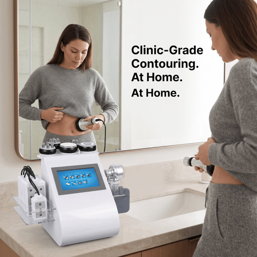 Woman using Elevaure 9-in-1 cavitation RF machine at home bathroom mirror for clinic-grade body contouring and fat reduction.