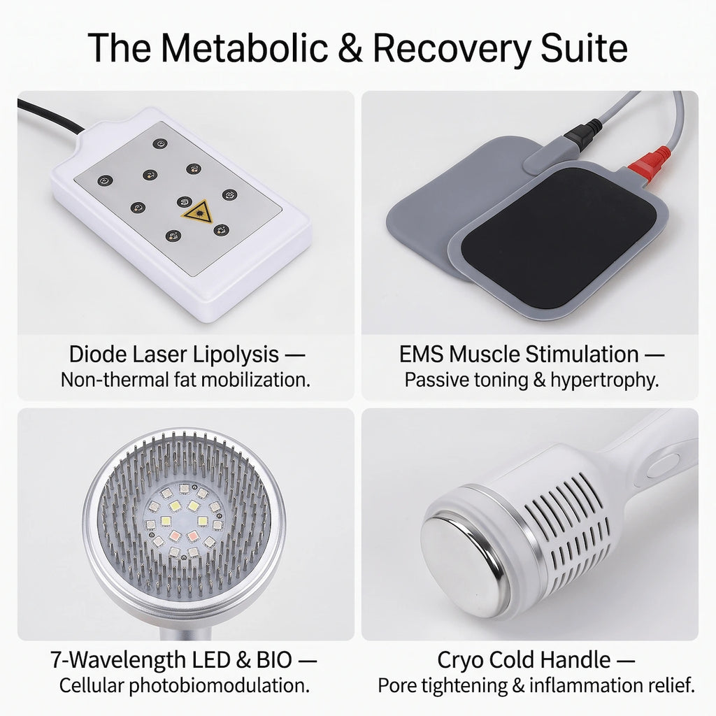 Elevaure metabolic and recovery suite: diode laser lipolysis pad, EMS muscle stimulation electrode, 7-wavelength LED photon head, and cryo cold handle for non-invasive fat reduction and skin rejuvenation.