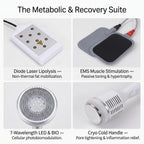 Elevaure metabolic and recovery suite: diode laser lipolysis pad, EMS muscle stimulation electrode, 7-wavelength LED photon head, and cryo cold handle for non-invasive fat reduction and skin rejuvenation.