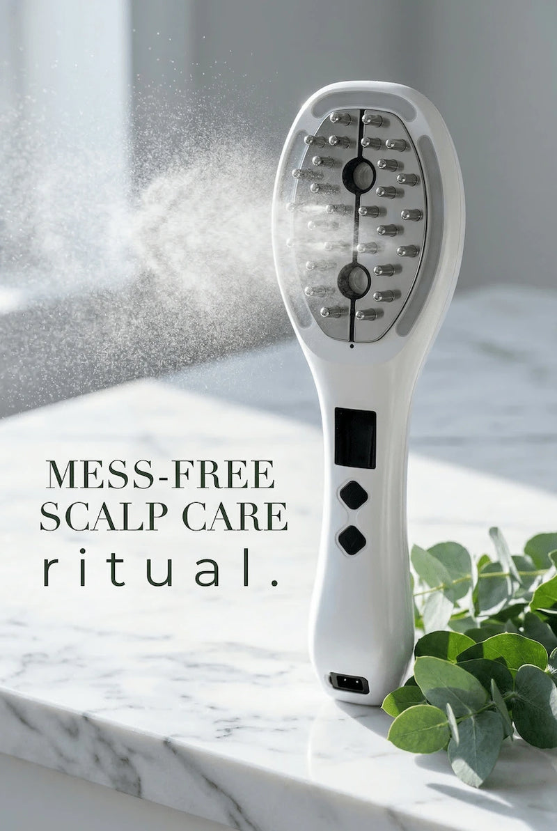 Elevaure atomizing scalp comb releasing fine micro-mist spray on marble surface — mess-free scalp care ritual