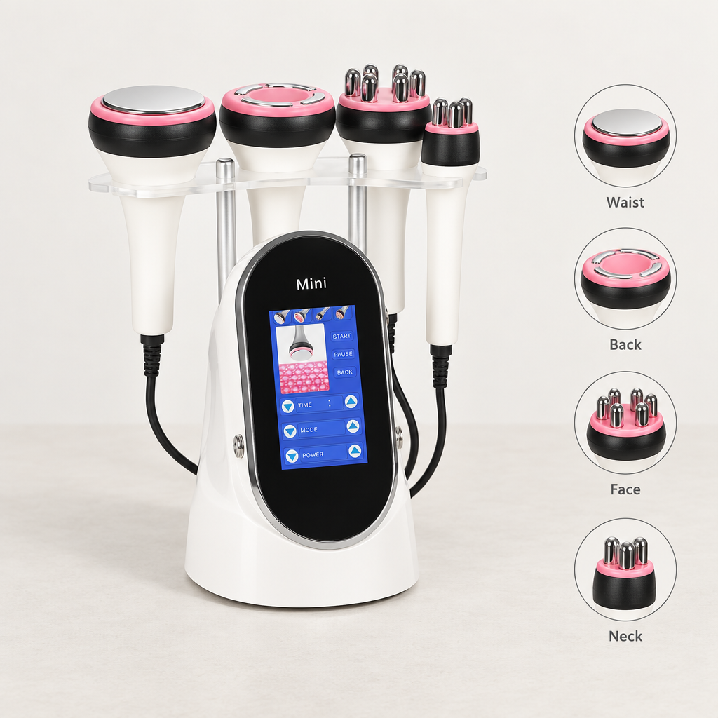 ELEVAURE Mini Cavitation Machine with 4-in-1 handpieces mounted on tabletop stand, featuring targeted treatment zone icons for waist, back, face, and neck care.