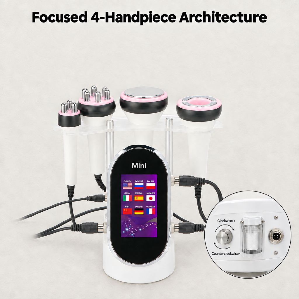 Diagram of the Elevaure Mini Cavitation Machine showing the 40kHz cavitation probe, vacuum bipolar RF cup, body RF head, face RF head, 4.3-inch touchscreen, and rear negative-pressure dial.