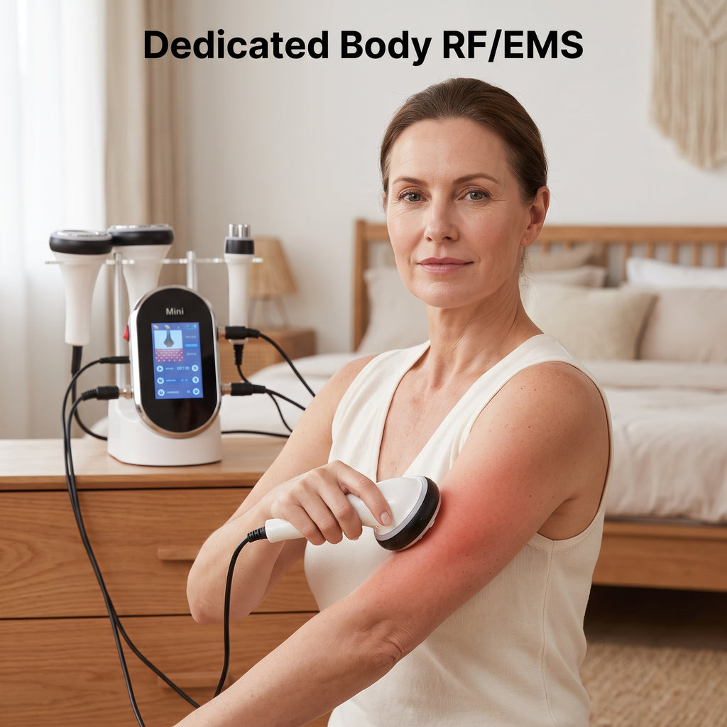 Woman using the Elevaure dedicated Body RF and EMS handpiece on her upper arm and waist, displaying M1-M2 radiofrequency and M3-M4 EMS pulse settings.