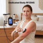 Woman using the Elevaure dedicated Body RF and EMS handpiece on her upper arm and waist, displaying M1-M2 radiofrequency and M3-M4 EMS pulse settings.