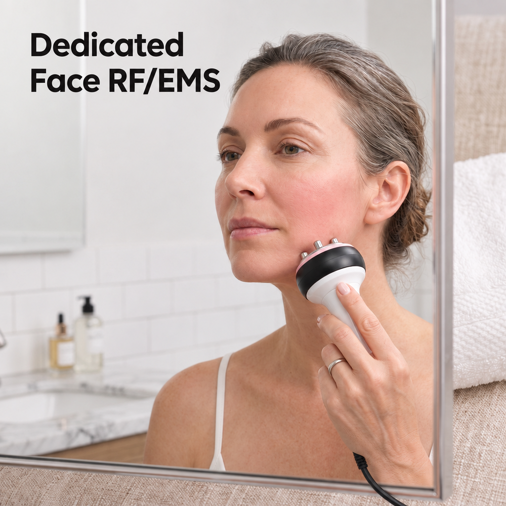 Woman using the Elevaure dedicated Face RF and EMS handpiece for upward jawline and facial contour lifting, featuring M1-M2 RF modes and M3-M4 EMS modes.