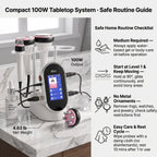 Elevaure Mini Cavitation Machine on a bathroom vanity showing its compact 4.63 lb footprint, 100W specs, and 4 essential safe-operation guidelines.