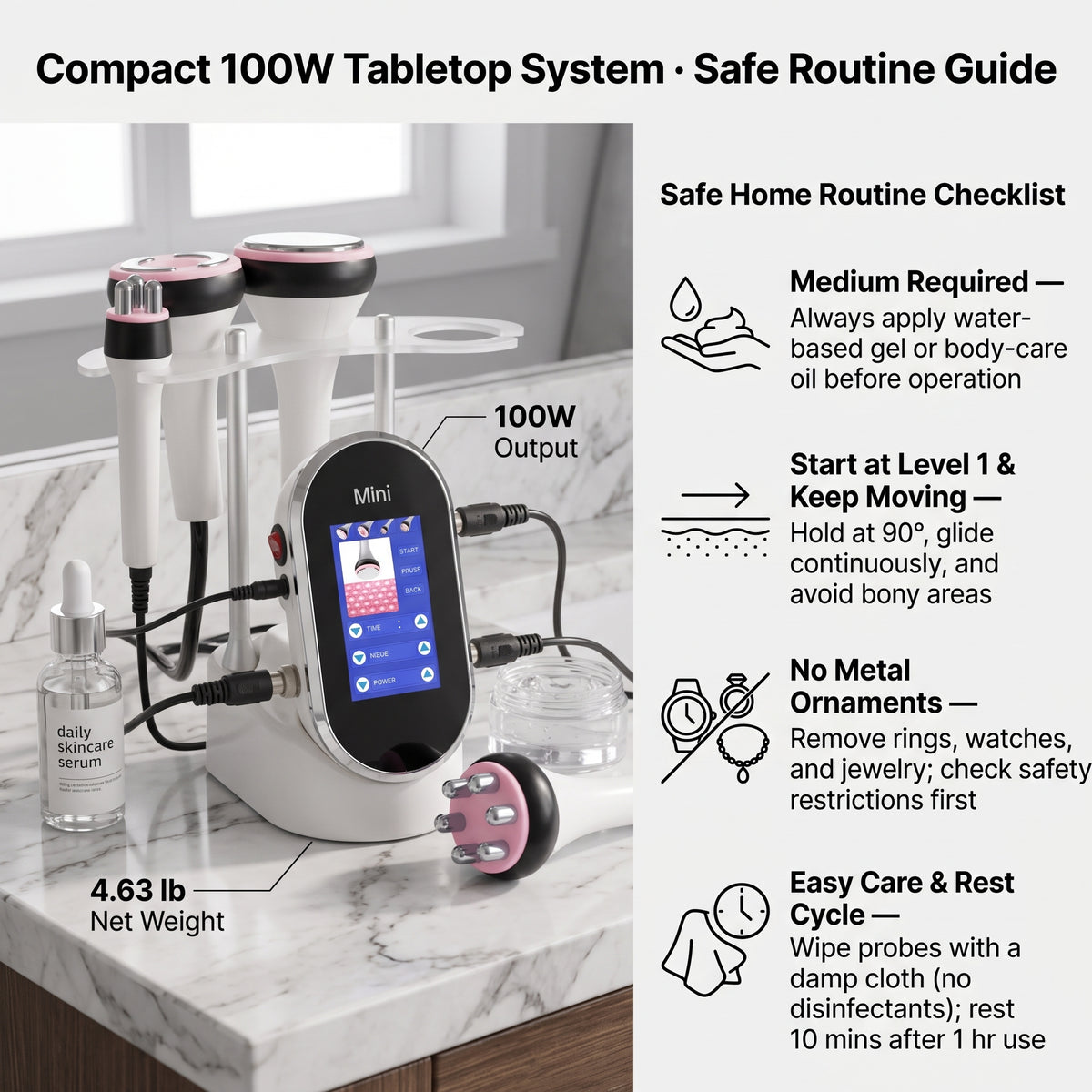 Elevaure Mini Cavitation Machine on a bathroom vanity showing its compact 4.63 lb footprint, 100W specs, and 4 essential safe-operation guidelines.