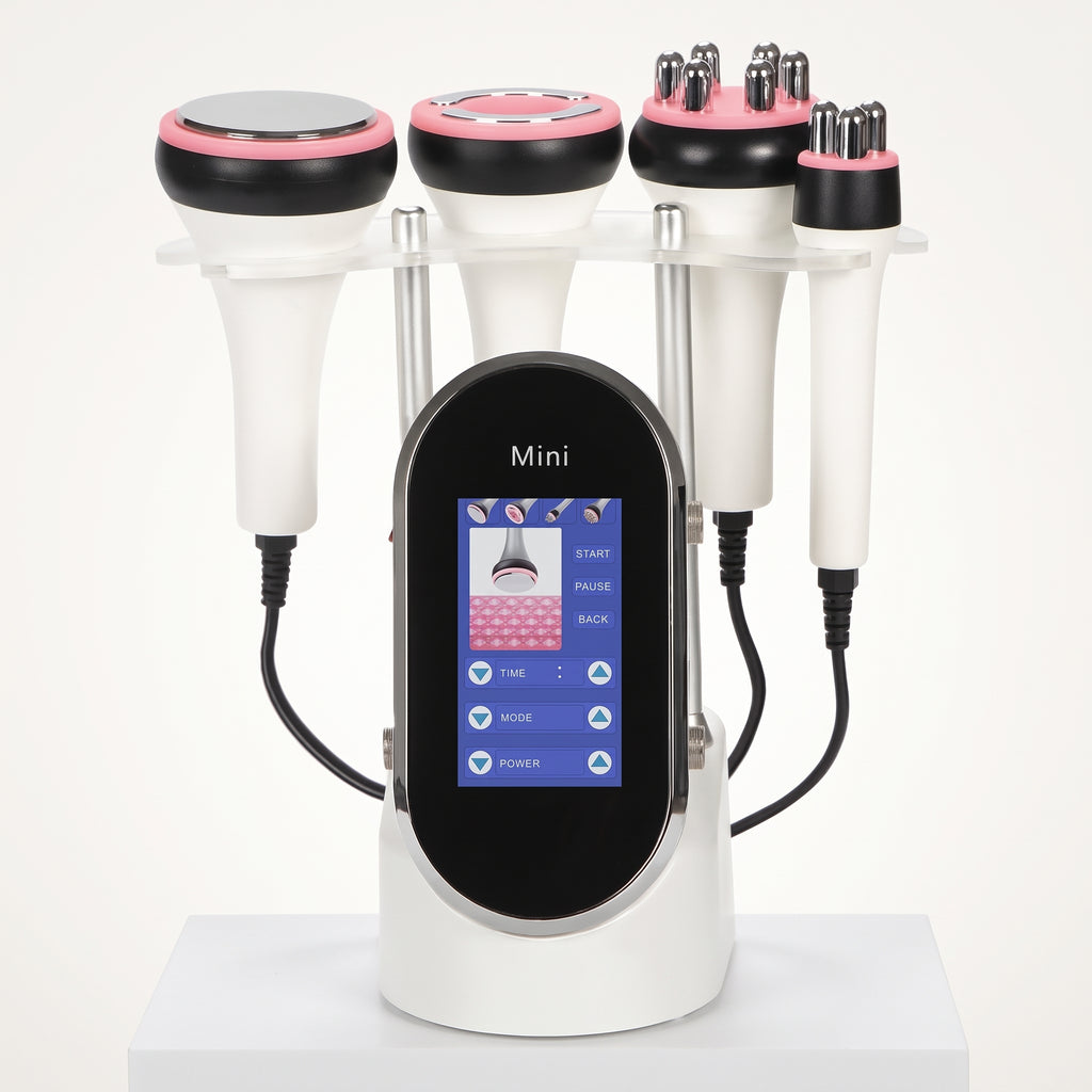 Elevaure Mini Cavitation Machine with 40kHz cavitation, vacuum bipolar RF, body RF, and face RF handpieces on a 4.3-inch touchscreen tabletop stand.
