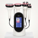 Elevaure Mini Cavitation Machine with 40kHz cavitation, vacuum bipolar RF, body RF, and face RF handpieces on a 4.3-inch touchscreen tabletop stand.