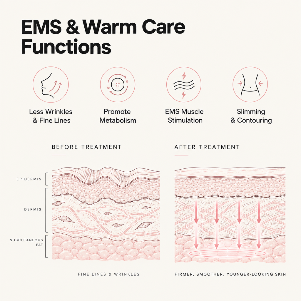 Skin layer cross-section diagram of ELEVAURE Mini Cavitation Machine illustrating EMS and Gentle Warm Care dermal heating, showing epidermis, dermis, and subcutaneous layers for skin smoothing and contouring.