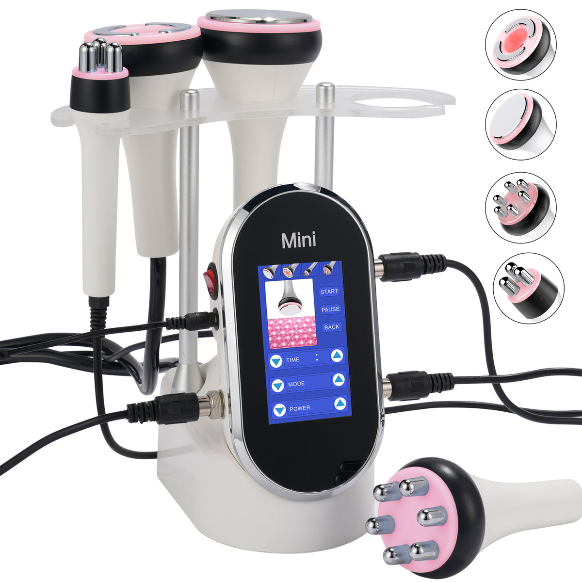 ELEVAURE Mini Cavitation Machine perspective setup with side cable connections, featuring foreground multi-polar body RF probe and close-up views of four stainless steel treatment heads.