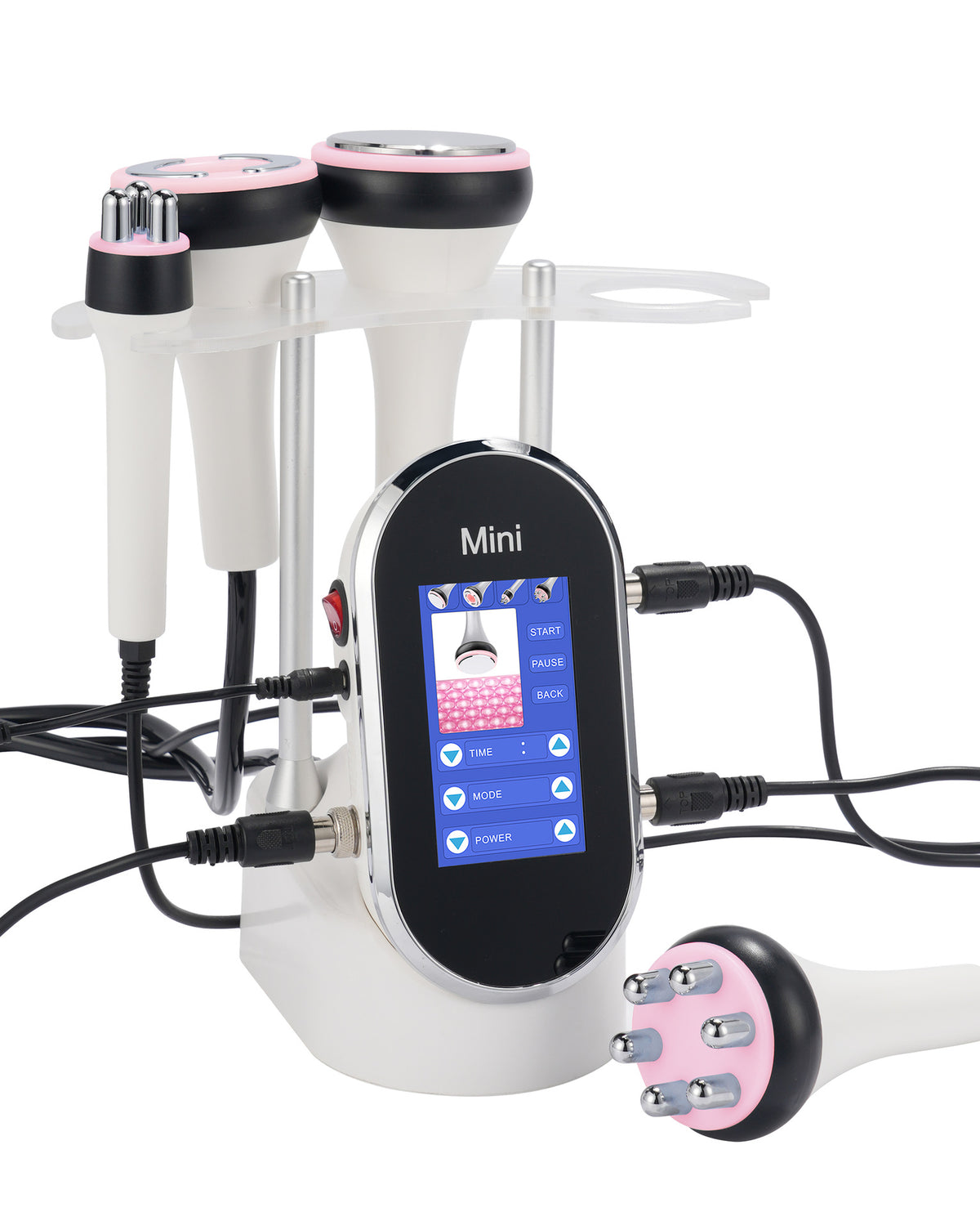 ELEVAURE Mini 4-in-1 Cavitation and RF System powered on with 4.3-inch touchscreen, showing secure side cable connections and resting multi-polar body handpiece.