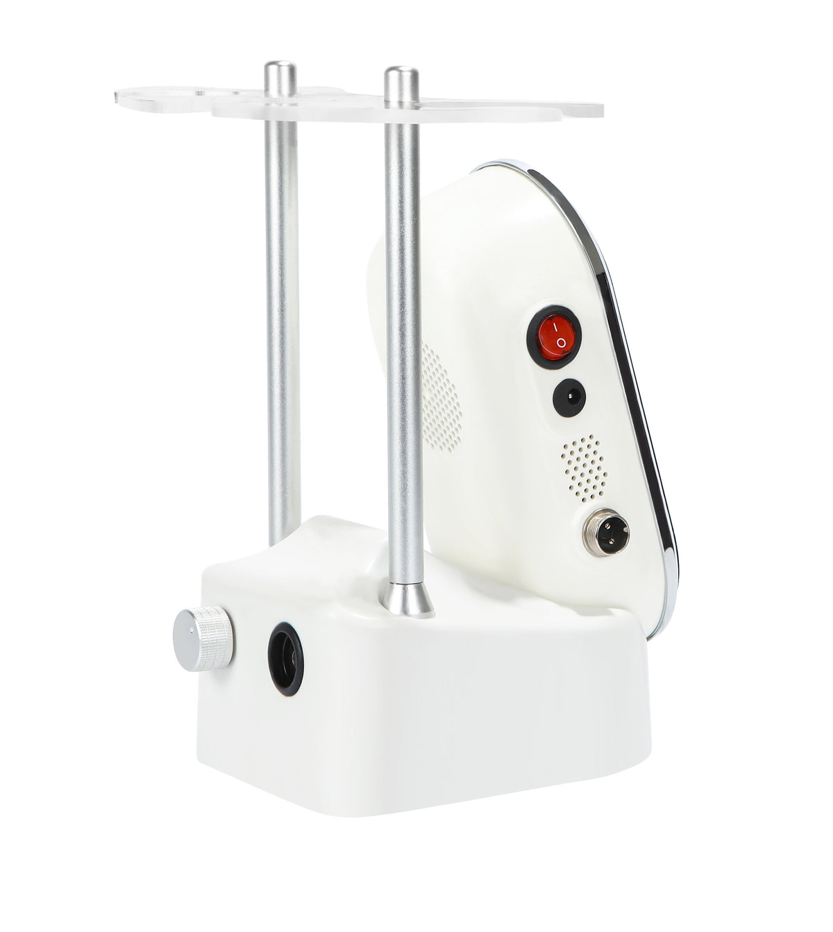 Side and rear profile of ELEVAURE Mini Cavitation Machine console showing power rocker switch, DC input port, cooling vents, and metallic negative pressure adjustment dial.