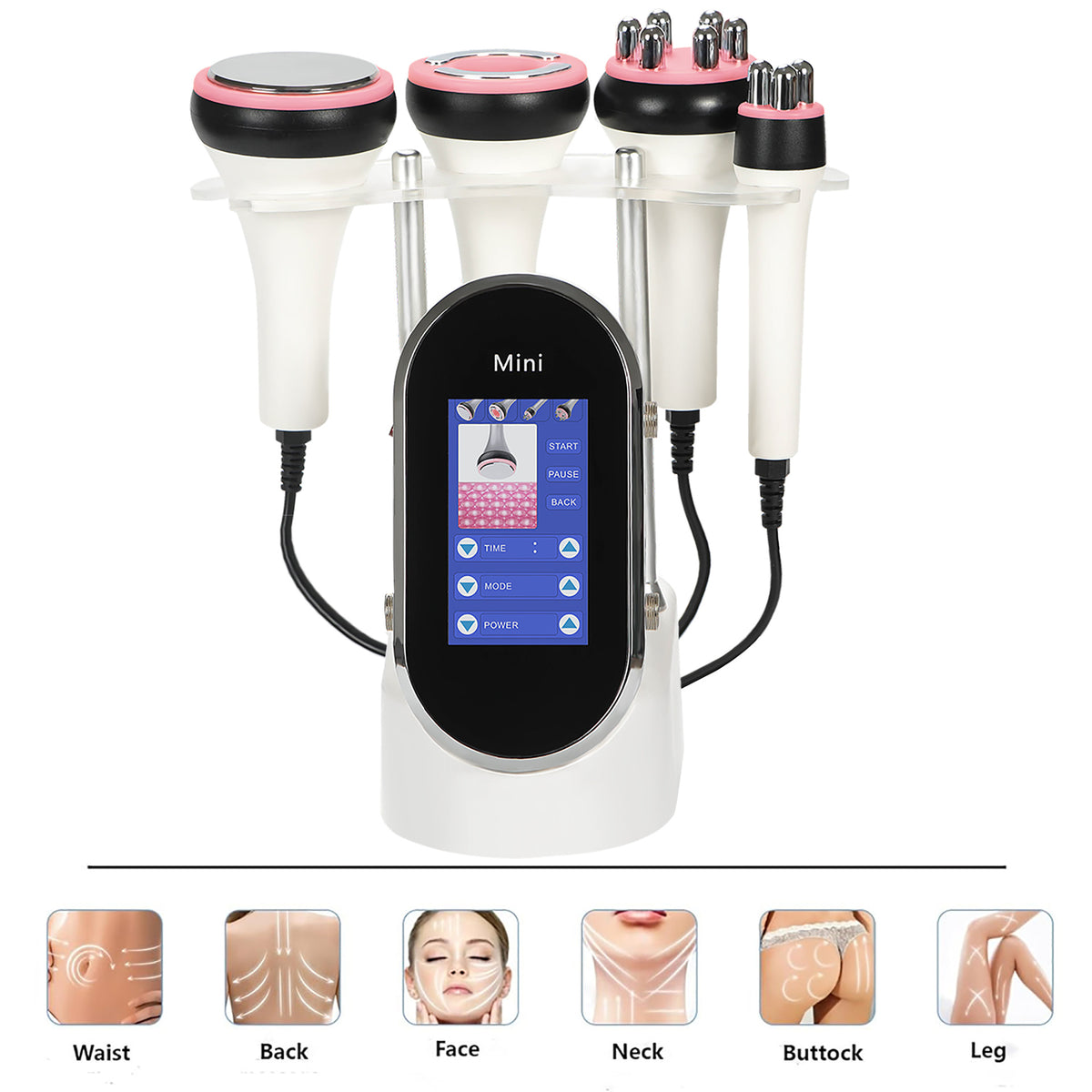 ELEVAURE Mini Cavitation Machine with six body zone motion guide diagrams showing recommended upward and circular gliding paths for waist, back, face, neck, buttocks, and legs.