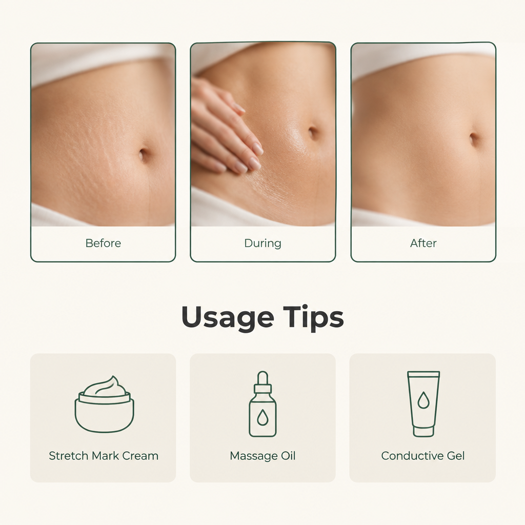Abdominal skin progression before, during, and after treatment alongside recommended application media icons for stretch mark cream, massage oil, and conductive gel.