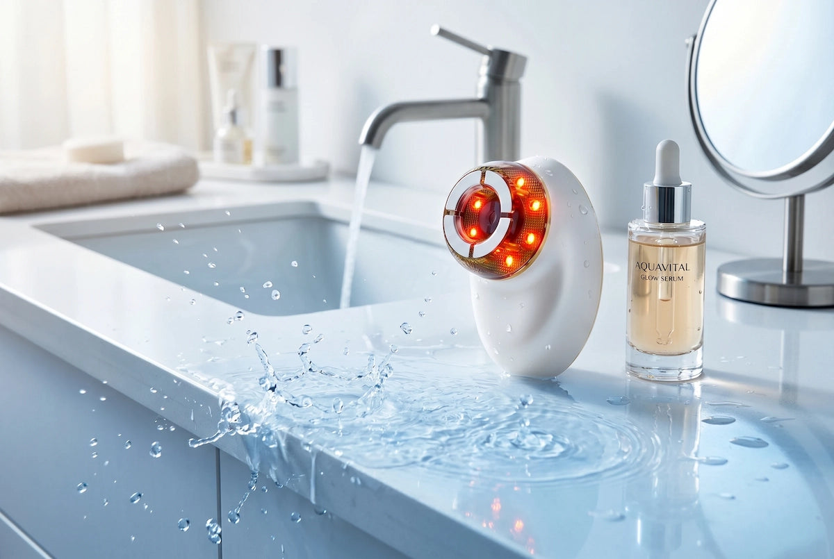 ELEVAURE morning wellness routine — activate and depuff with EMS massager in a bright bathroom setting