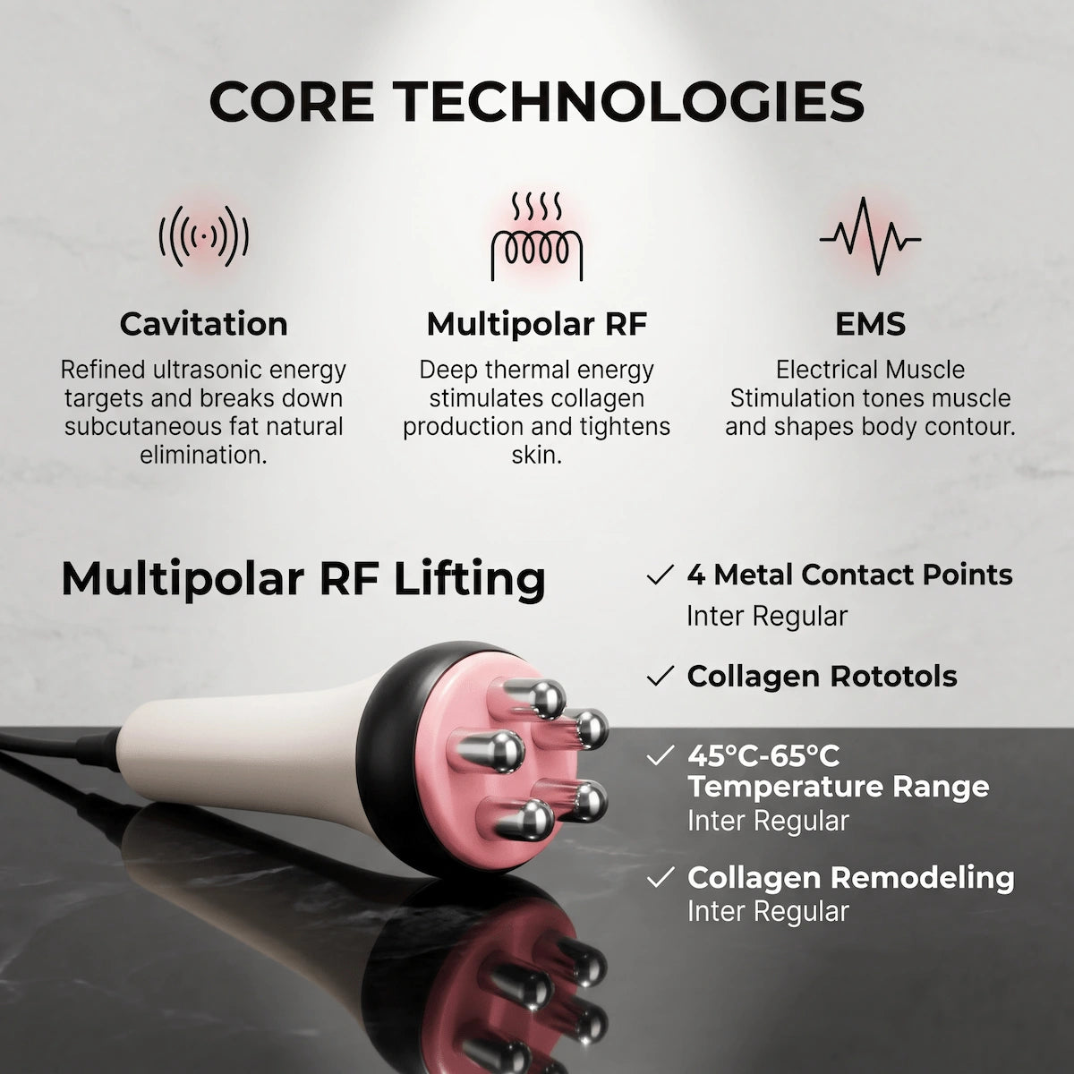 Elevaure multipolar RF handpiece for collagen remodeling and skin tightening.