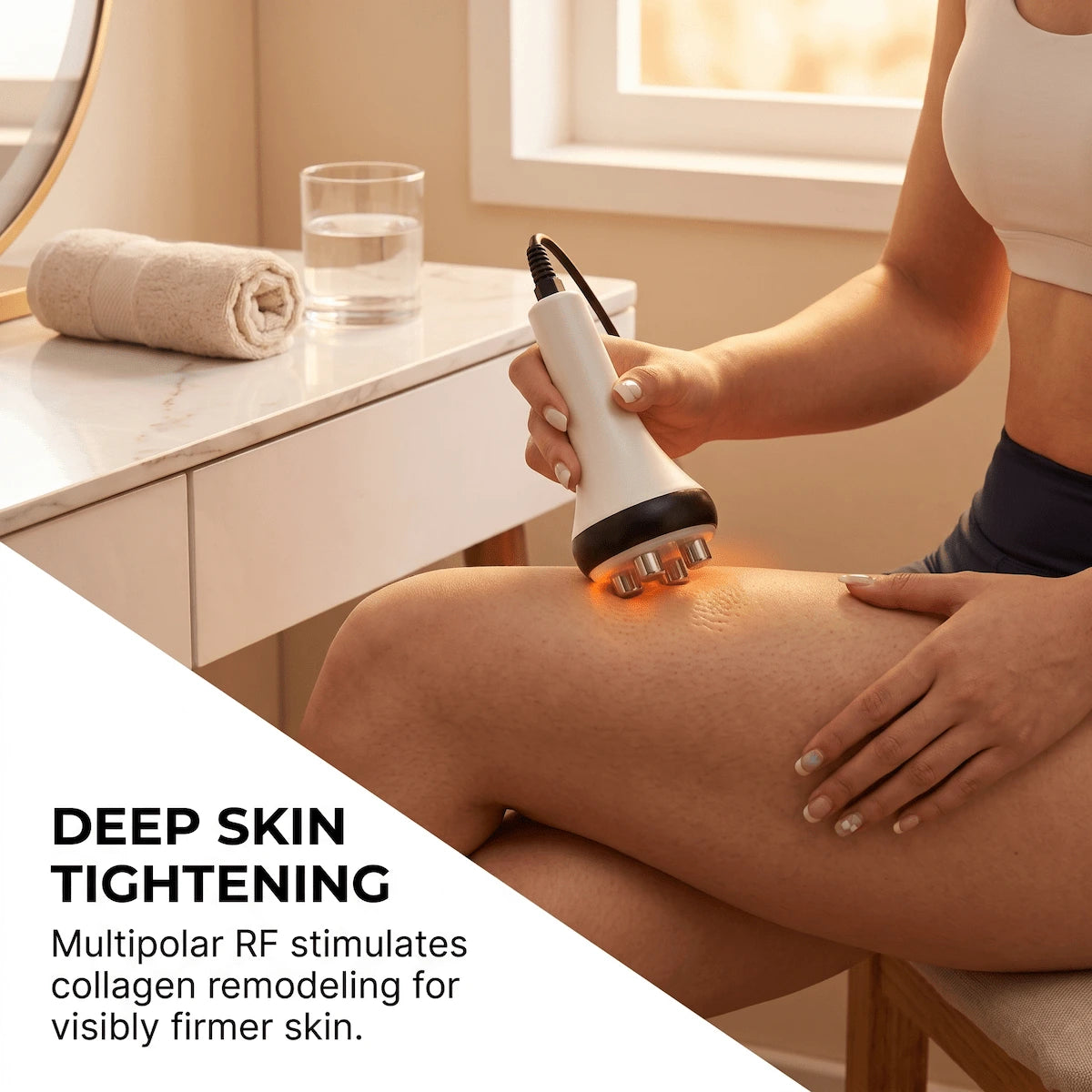 Woman using the Elevaure multipolar RF handpiece on her thigh in a warm bathroom setting, with orange thermal glow visible at the 4-point contact surface for collagen remodeling.