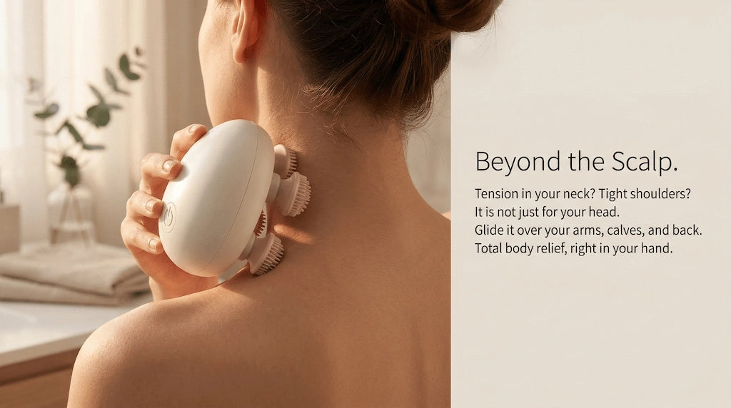 ELEVAURE massager used on neck and shoulder for muscle tension relief