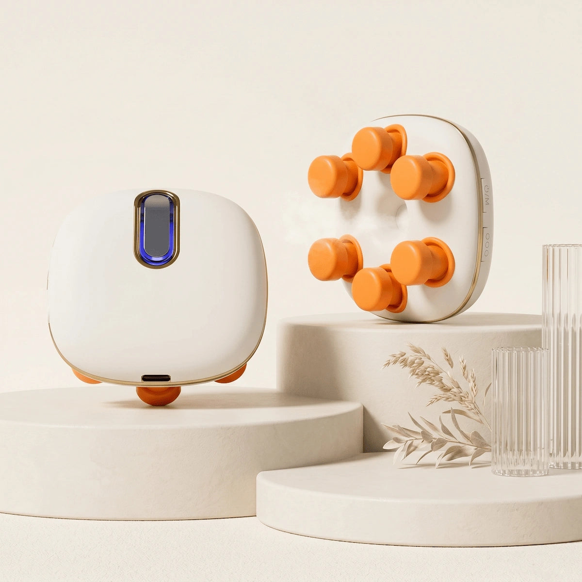 An elegant, minimalist display of two Elevaure dual-action eye massagers, showcasing the sleek front interface and the active ultrasonic micro-mist emitting from the acupressure nodes.