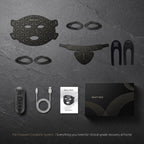 A neat flat lay display of the complete Elevaure LED therapy system, including the face mask, neck piece, controller, straps, and charging cable.