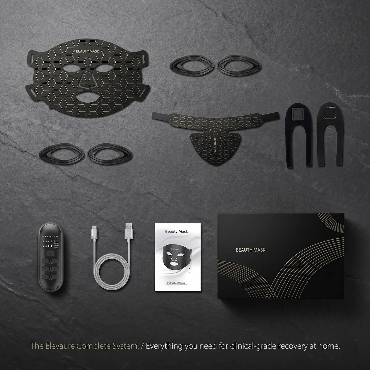 A neat flat lay display of the complete Elevaure LED therapy system, including the face mask, neck piece, controller, straps, and charging cable.