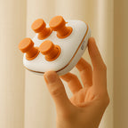 A female hand effortlessly holding the lightweight 2.5 oz Elevaure eye massager in a sunlit room, highlighting its compact portability.