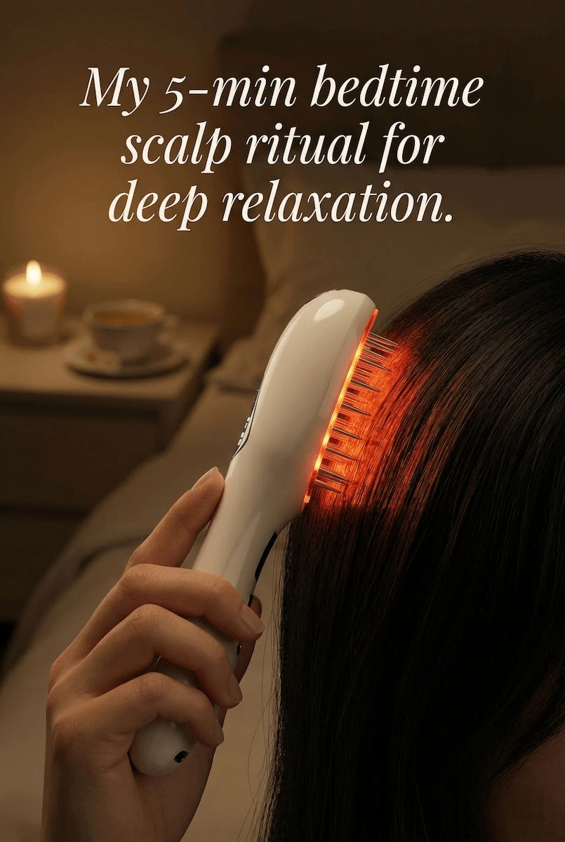 Woman using Elevaure LED scalp comb in evening ritual — red LED phototherapy for facial collagen stimulation and skin elasticity
