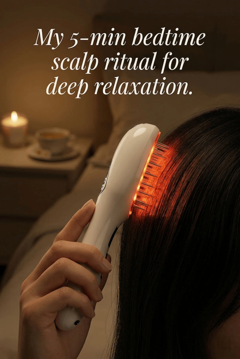Woman using Elevaure red LED scalp massage comb in candlelit bedtime ritual for deep relaxation and hair growth