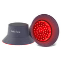 ELEVAURE Red Light Hair Growth Cap showing discreet charcoal bucket hat design and illuminated 336-chip flexible LED liner.