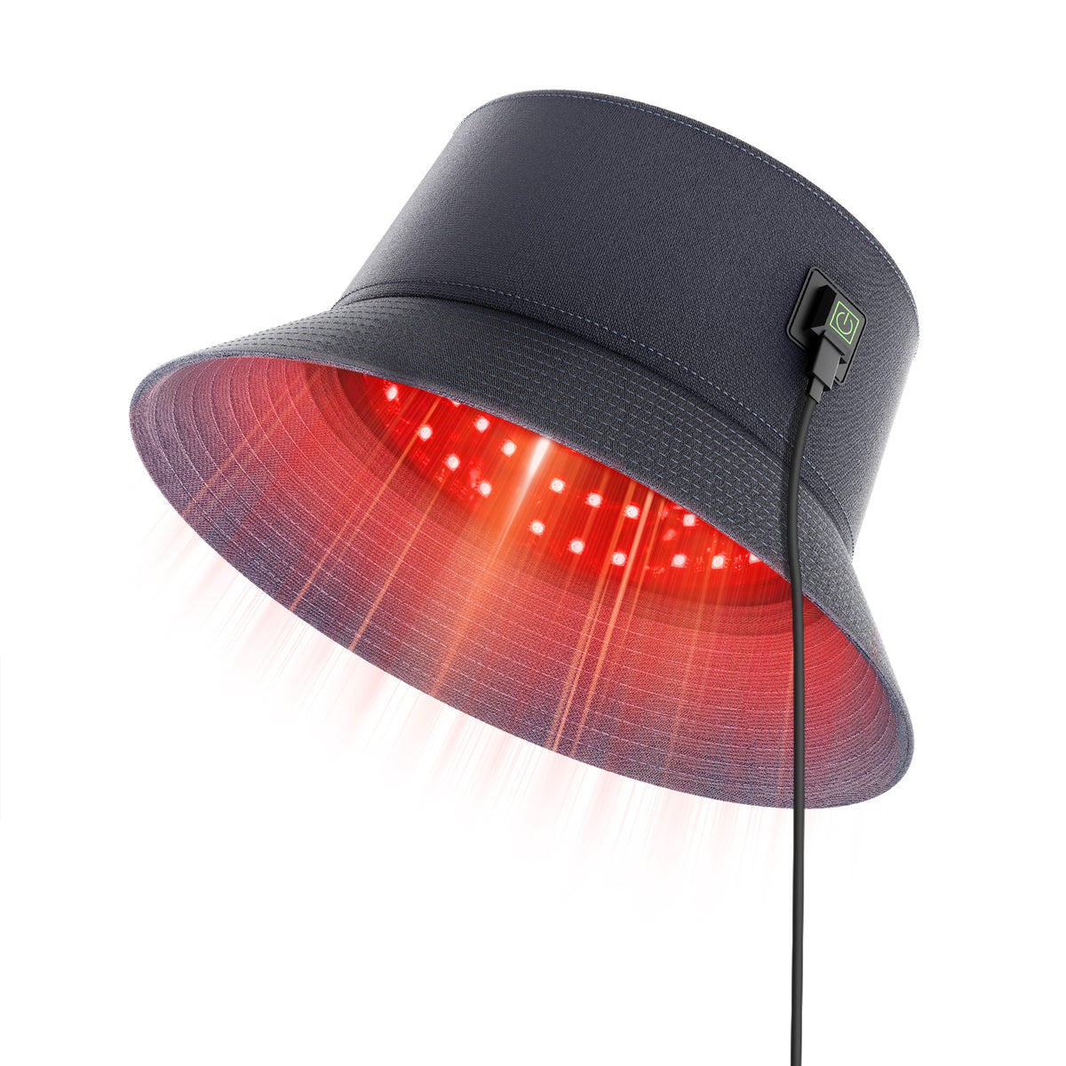 Side profile of ELEVAURE light therapy hat with power connection cable delivering 660nm and 850nm dual-wavelength phototherapy