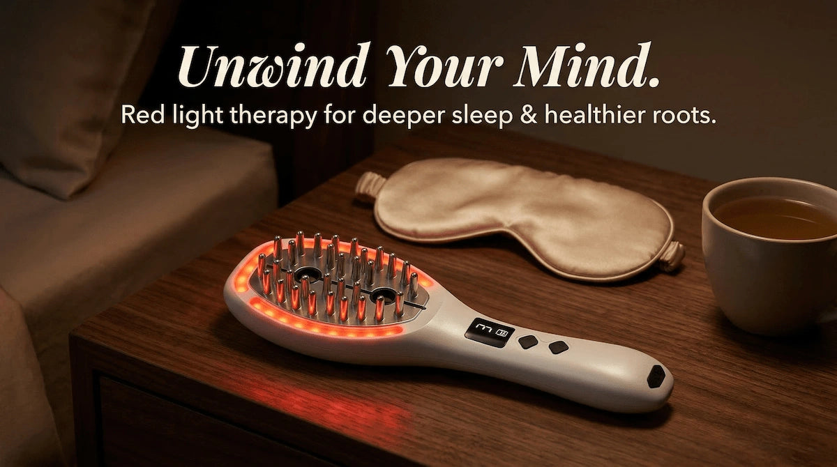 Elevaure scalp massage comb with red LED light therapy on bedside table — nighttime hair and wellness routine