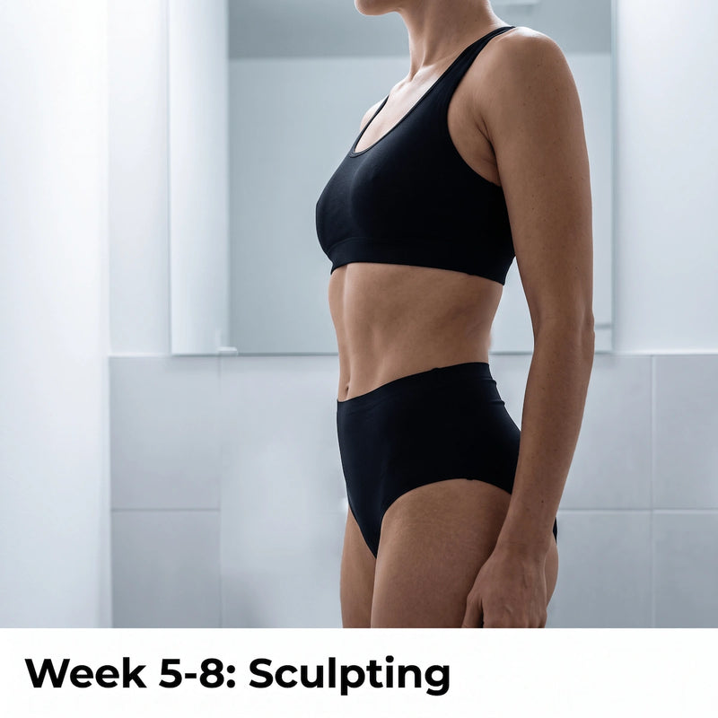 Visible sculpting and toning results with Elevaure by weeks 5 to 8.