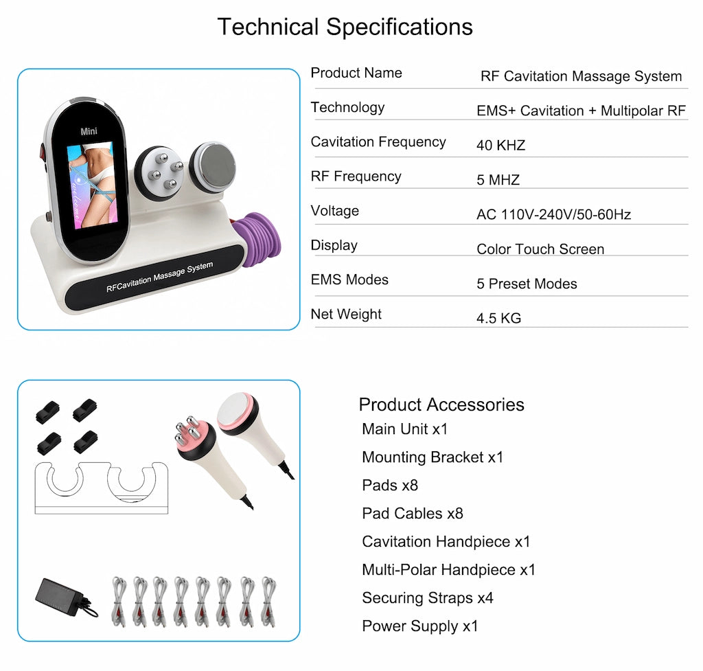 Technical specification sheet for the Elevaure RF Cavitation Massage System showing 40KHz cavitation, 5MHz multipolar RF, 5 EMS preset modes, color touchscreen, 4.5KG weight, and complete accessories including 8 electrode pads, 8 cables, 4 straps, cavitation handpiece, and multipolar RF handpiece.