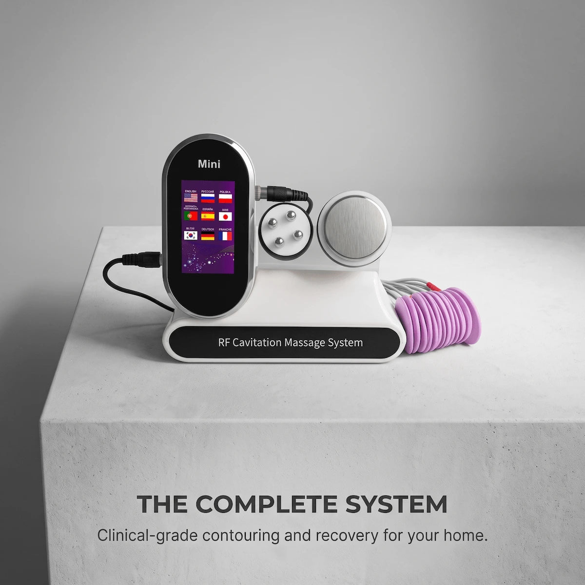 Elevaure RF Cavitation Massage System complete device showing color touchscreen, multipolar RF handpiece with 4-point contact, 40K cavitation handpiece, and EMS silicone electrode pads — the complete 4-in-1 home body contouring system.