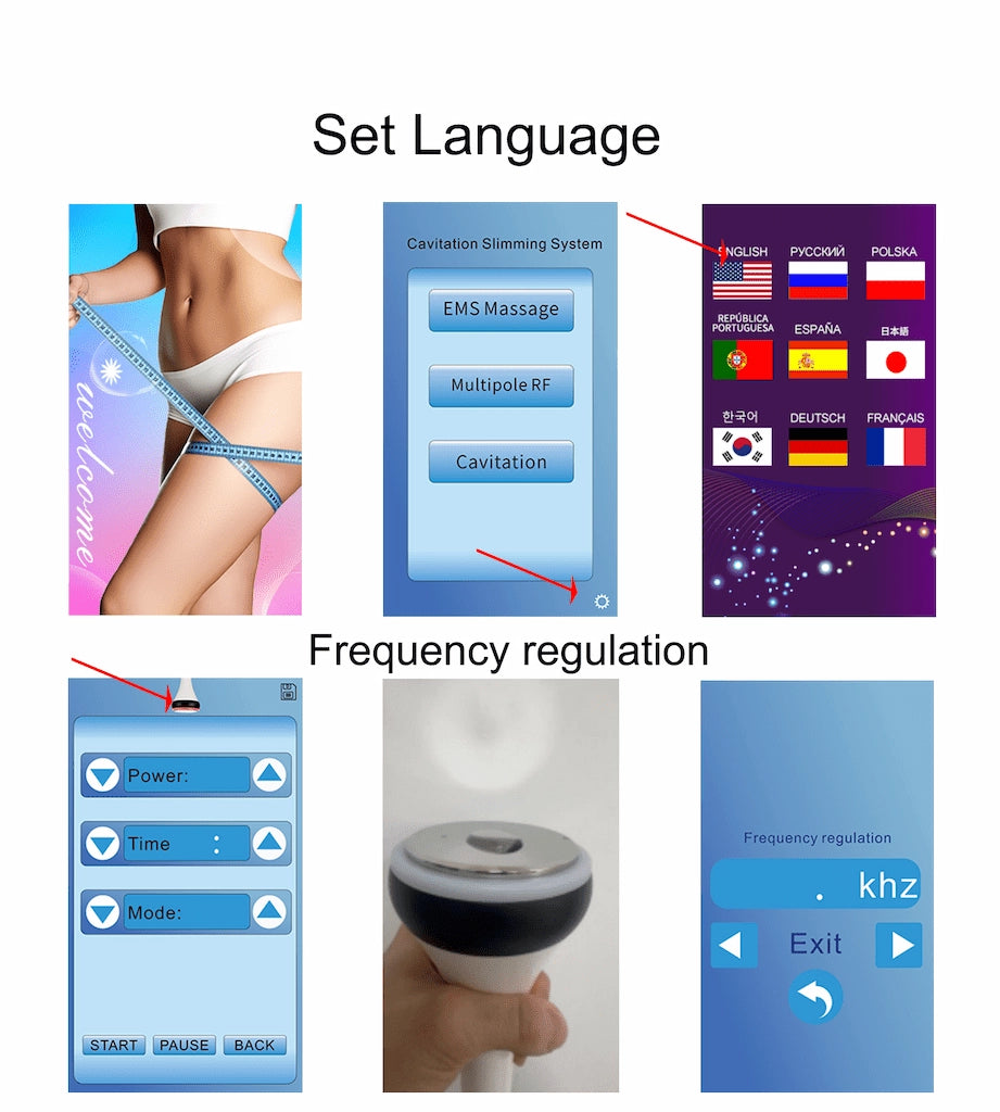 Elevaure RF Cavitation system touchscreen showing multi-language selection interface with 9 languages, EMS Massage / Multipolar RF / Cavitation mode selection, and frequency regulation adjustment screen.