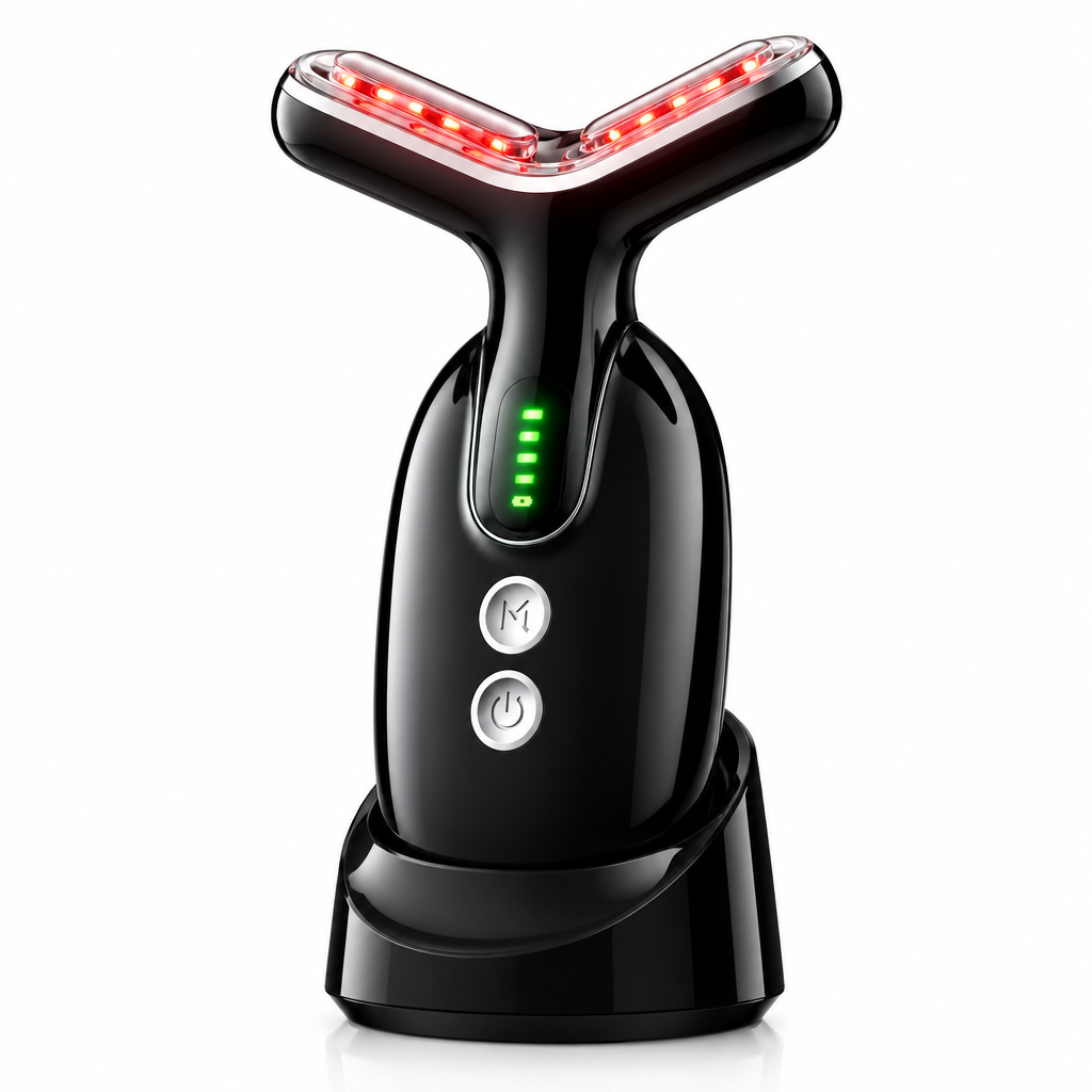 ELEVAURE RF neck tightening device in Midnight Black with red LED light on charging base.