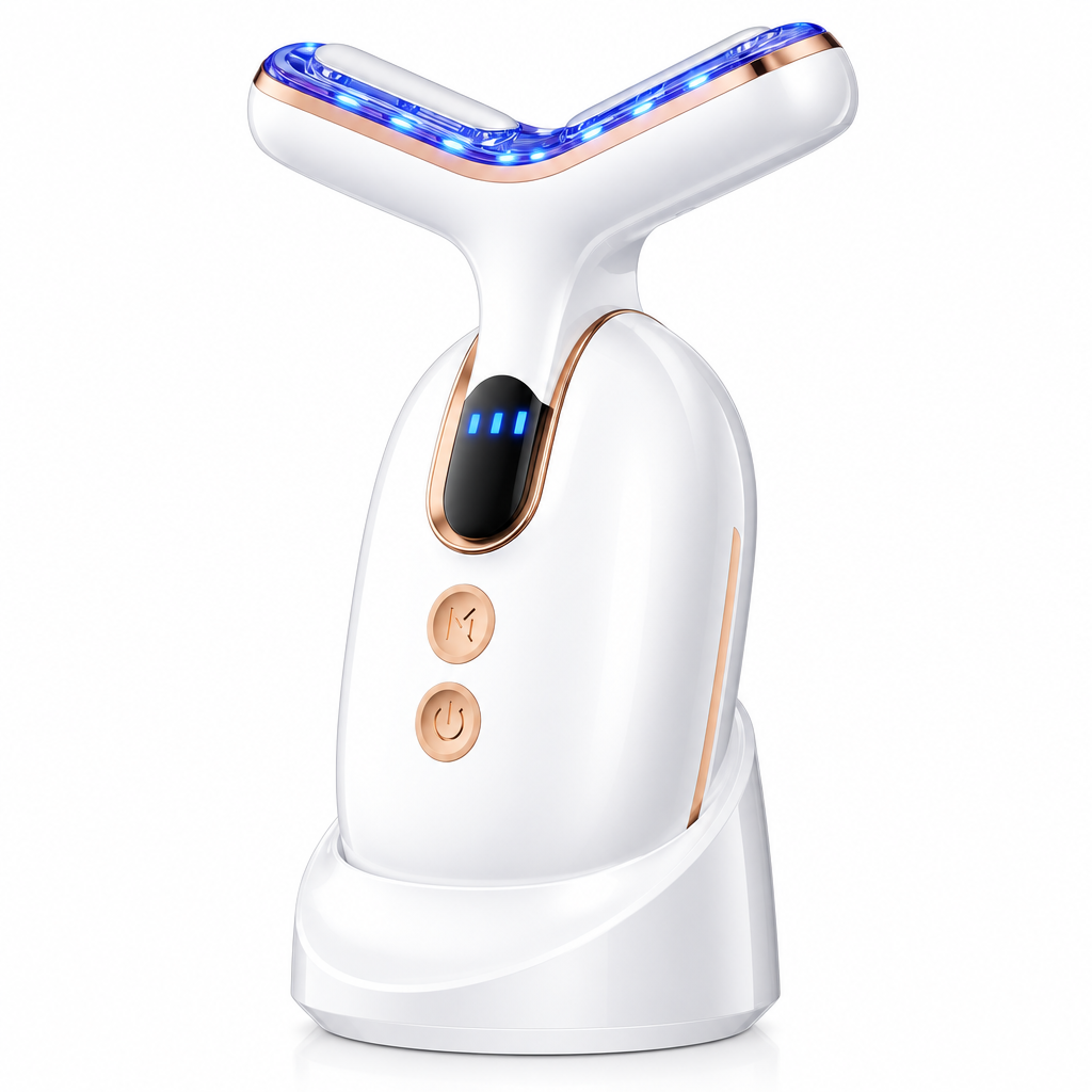 ELEVAURE RF neck tightening device in Pearl White with blue LED light on charging base.