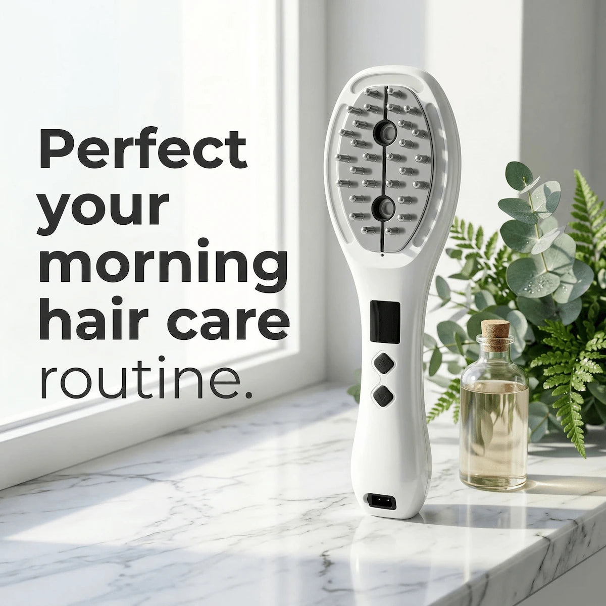 Elevaure atomizing scalp massage comb on marble surface with essential oil bottle — morning hair care ritual