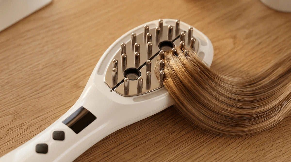 Elevaure atomizing scalp massage comb teeth close-up with hair strand — conductive tip detail