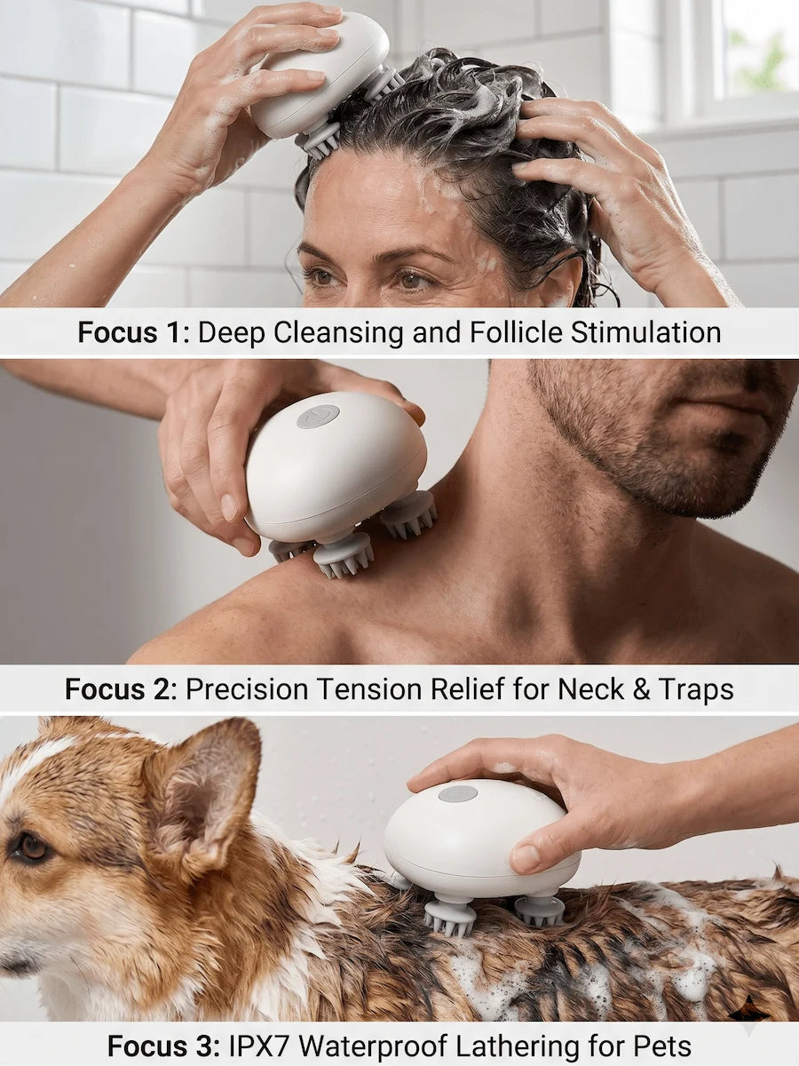 ELEVAURE scalp massager multi-functional use — shower, neck, and pet grooming